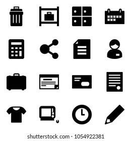 Solid vector icon set - trash bin vector, baggage room, schedule, calculator, share, document, manager, case, envelope, agreement, t shirt, monoblock pc, clock, pencil