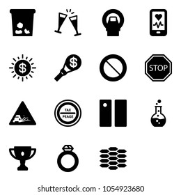Solid vector icon set - trash vector, wine glasses, mri, mobile heart monitor, dollar sun, money torch, prohibition road sign, stop, gravel, tax peage, pause, round flask, gold cup, diamond ring