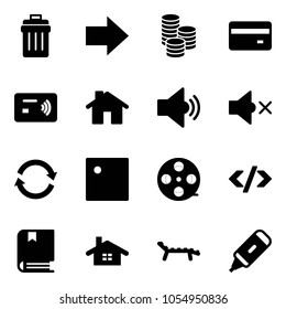 Solid vector icon set - trash bin vector, right arrow, coin, credit card, tap pay, home, volume medium, off, refresh, film coil, tag code, book, lounger, marker