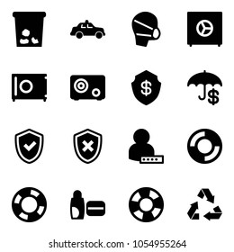 Solid vector icon set - trash vector, safety car, medical mask, safe, insurance, shield check, cross, user password, lifebuoy, uv cream, recycling