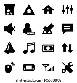 Solid vector icon set - trash vector, tunnel road sign, home, settings, low volume, user password, check, chat, bell, music, money, up down arrows, mouse wireless, game console, fine signal