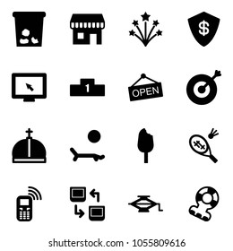 Solid vector icon set - trash vector, duty free, firework, safe, monitor cursor, pedestal, open, target, crown, lounger, ice cream, badminton, mobile phone, data exchange, jack, teethers