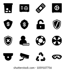 Solid vector icon set - trash vector, safe, medical patch, unlocked, shield, cross, user password, lifebuoy, parasol, surveillance camera, recycling, protective glasses