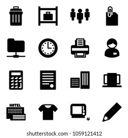 Solid vector icon set - trash bin vector, baggage room, group, attachment, network folder, time, printer, manager, calculator, agreement, building, doors, sea hotel, t shirt, monoblock pc, pencil