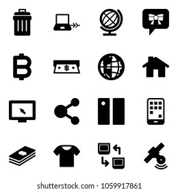 Solid vector icon set - trash bin vector, notebook connect, globe, bow message, bitcoin, cash, home, monitor cursor, share, pause, mobile, dollar, t shirt, data exchange, satellite