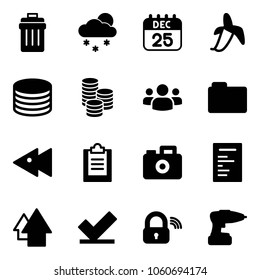 Solid vector icon set - trash bin vector, snowfall, 25 dec calendar, banana, coin, group, folder, fast backward, clipboard, camera, document, arrow up, check, wireless lock, drill