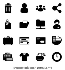 Solid vector icon set - trash bin vector, user, group, share, attachment, folder, network, manager, case, schedule, envelope, hotel, sea, t shirt, printer wireless, clock