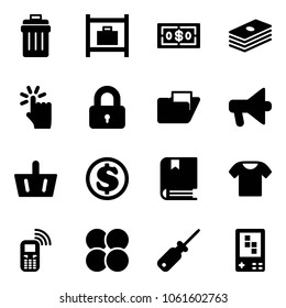 Solid vector icon set - trash bin vector, baggage room, dollar, hand touch, locked, folder, loudspeaker, basket, book, t shirt, mobile phone, atom core, screwdriver, game console