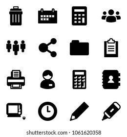 Solid vector icon set - trash bin vector, schedule, calculator, group, share, folder, clipboard, printer, manager, contact book, monoblock pc, clock, pencil, marker