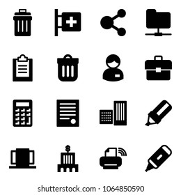 Solid vector icon set - trash bin vector, first aid room, share, network folder, clipboard, manager, portfolio, calculator, agreement, building, highlight marker, doors, bank, printer wireless