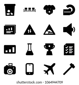 Solid vector icon set - trash vector, waiting area, dog, mri, statistics report, oncoming traffic road sign, embankment, low volume, flask, cup, list, camera, mobile phone, plane, sledgehammer