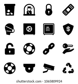 Solid vector icon set - trash vector, officer window, lock, medical patch, mask, safe, unlocked, lifebuoy, link, key hand, surveillance camera, recycling