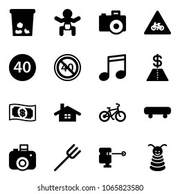 Solid Vector Icon Set - Trash Vector, Baby, Camera, Road For Moto Sign, Minimal Speed Limit, End, Music, Dollar, Money, Home, Bike, Skateboard, Farm Fork, Laser Lever, Pyramid Toy