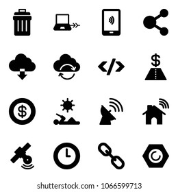 Solid vector icon set - trash bin vector, notebook connect, mobile payment, share, download cloud, refresh, tag code, dollar, reading, satellite antenna, wireless home, clock, link, nut