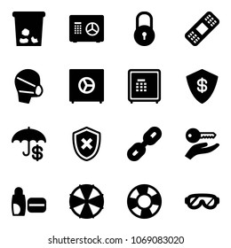 Solid vector icon set - trash vector, safe, lock, medical patch, mask, insurance, shield cross, link, key hand, uv cream, parasol, lifebuoy, protective glasses