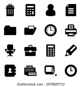 Solid vector icon set - trash bin vector, calculator, user, document, folder, time, printer, office chair, portfolio, highlight marker, contact book, sea hotel, monoblock pc, clock