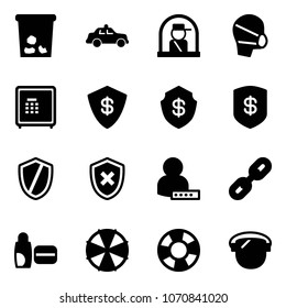Solid vector icon set - trash vector, safety car, officer window, medical mask, safe, shield, cross, user password, link, uv cream, parasol, lifebuoy, protect glass