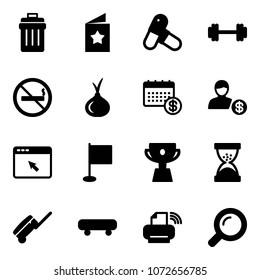 Solid vector icon set - trash bin vector, star postcard, pills, barbell, no smoking sign, onion, calendar, account, cursor browser, flag, cup, sand clock, suitcase, skateboard, printer wireless
