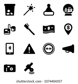 Solid vector icon set - trash vector, Magic wand, christmas hat, snowball house, tonometer, tooth brush, cash, dollar pin, mobile payment, attention road sign, no overtake, speaker horn, photo