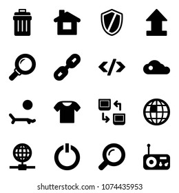 Solid vector icon set - trash bin vector, home, shield, uplooad, magnifier, link, tag code, cloud, lounger, t shirt, data exchange, globe, standby button, radio