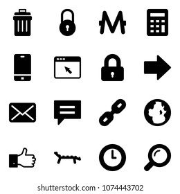 Solid vector icon set - trash bin vector, lock, monero, calculator, phone, cursor browser, locked, right arrow, mail, chat, link, globe, finger up, lounger, clock, magnifier
