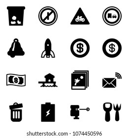 Solid vector icon set - trash vector, no parkin odd, road for moto sign, truck overtake, bell, rocket, dollar, money, bungalow, photo, wireless mail, bin, battery, laser lever, shovel fork toy