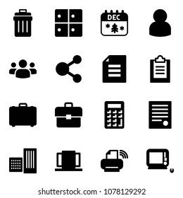 Solid vector icon set - trash bin vector, baggage room, christmas calendar, user, group, share, document, clipboard, case, portfolio, calculator, agreement, building, doors, printer wireless