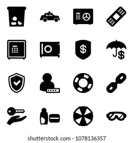 Solid vector icon set - trash vector, safety car, safe, medical patch, insurance, shield check, user password, lifebuoy, link, key hand, uv cream, parasol, protective glasses
