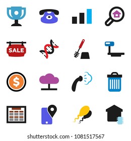 solid vector icon set - trash bin vector, steaming, toilet brush, schedule, award cup, dollar coin, traking, sorting, big scales, classic phone, dna, sperm, cloud network, sale signboard, smart home