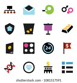solid vector icon set - trash bin vector, oven, presentation, gold ingot, bank building, dollar flag, hierarchy, mail, gender sign, dna, insemination, home protect, 24 hour, catalog, diamond ring