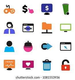 solid vector icon set - trash bin vector, monitor dollar, cursor, heart, support, gamepad, diagnostic, network folder, browser, lan connector, arrow, user, unlock