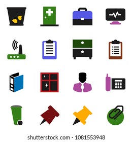solid vector icon set - trash bin vector, shining window, case, paper pin, archive, manager, binder, clipboard, phone, diagnostic monitor, medical room, router, attachment