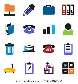 solid vector icon set - trash bin vector, pencil, student, case, binder, clipboard, sorting, classic phone, network folder, router, user, office building, calculator