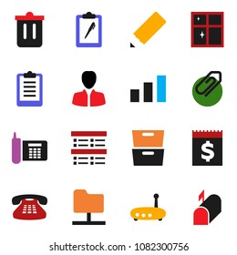 solid vector icon set - trash bin vector, shining window, pencil, archive, exam, manager, clipboard, phone, receipt, sorting, classic, network folder, router, attachment, mailbox