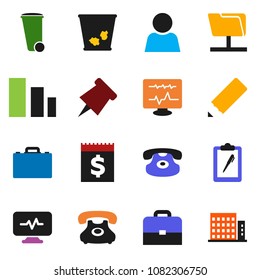 solid vector icon set - trash bin vector, pencil, case, paper pin, phone, receipt, clipboard, sorting, classic, diagnostic monitor, network folder, user, apartments