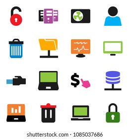 solid vector icon set - trash bin vector, notebook pc, laptop graph, dollar cursor, monitor, diagnostic, network folder, server, lan connector, unlock, user, lock