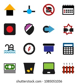 solid vector icon set - trash bin vector, compass, calculator, arrow up, presentation board, calendar, pool, no fastfood, money, notebook pc, rec button, connect, disconnection, shield, heating