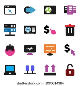 solid vector icon set - trash bin vector, notebook pc, dollar cursor, top sign, diagnostic monitor, server, network, browser, lan connector, arrow, ari condition, unlock