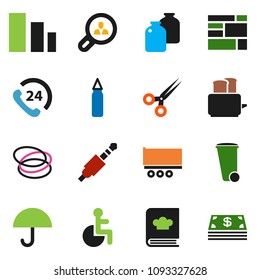 solid vector icon set - trash bin vector, toaster, cookbook, jar, punching bag, hoop, phone 24, truck trailer, consolidated cargo, umbrella, sorting, jack, disabled, scissors, client search, cash
