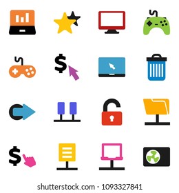solid vector icon set - trash bin vector, laptop graph, dollar cursor, gamepad, monitor, notebook pc, favorites, server, network, folder, arrow, document, unlock, ari condition
