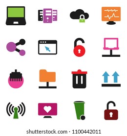solid vector icon set - trash bin vector, heart monitor, top sign, notebook pc, diagnostic, network, folder, cloud lock, server, browser, lan connector, share, unlock, wireless