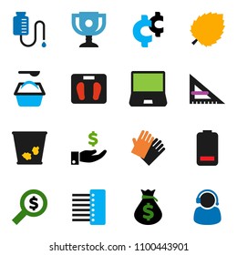 solid vector icon set - trash bin vector, washing powder, rubber glove, corner ruler, award cup, leaf, money bag, investment, search, cent sign, scales, notebook pc, battery, drop counter, hub