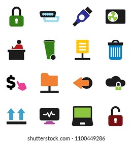 solid vector icon set - trash bin vector, student, dollar cursor, top sign, notebook pc, hdmi, diagnostic monitor, network folder, cloud lock, arrow, document, air condition, unlock