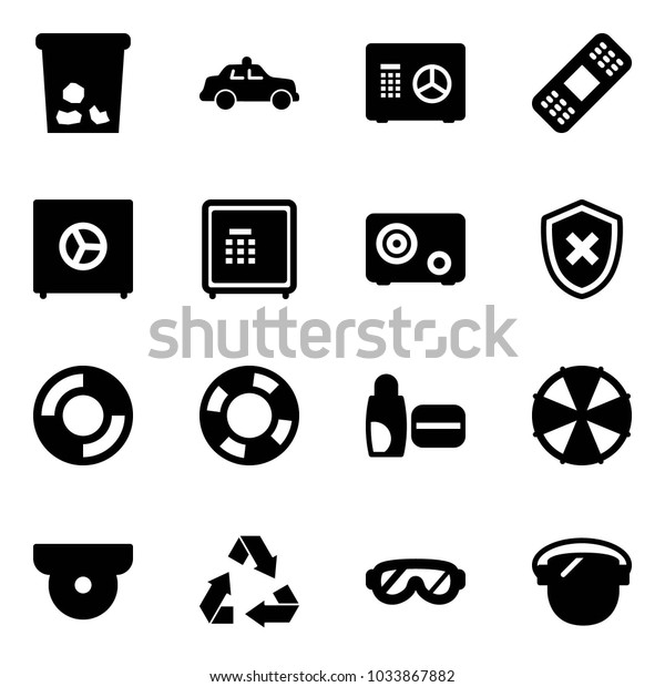 Solid vector\
icon set - trash vector, safety car, safe, medical patch, shield\
cross, lifebuoy, uv cream, parasol, surveillance camera, recycling,\
protective glasses, protect\
glass