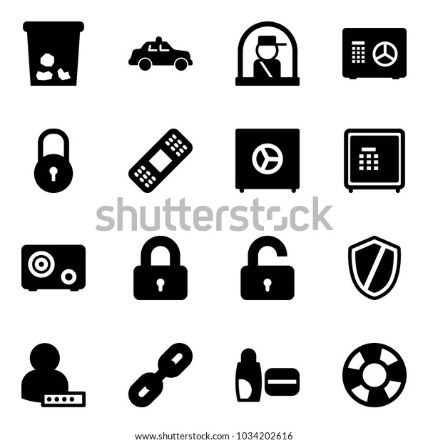 Solid vector icon set - trash vector,\
safety car, officer window, safe, lock, medical patch, locked,\
unlocked, shield, user password, link, uv cream,\
lifebuoy