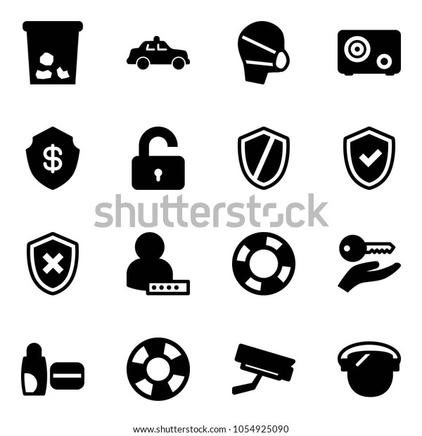 Solid vector\
icon set - trash vector, safety car, medical mask, safe, unlocked,\
shield, check, cross, user password, lifebuoy, key hand, uv cream,\
surveillance camera, protect\
glass
