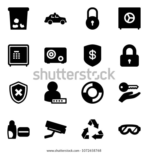 Solid\
vector icon set - trash vector, safety car, lock, safe, locked,\
shield cross, user password, lifebuoy, key hand, uv cream,\
surveillance camera, recycling, protective\
glasses