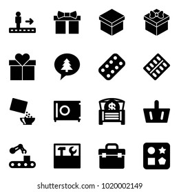 Solid vector icon set - travolator vector, gift, merry christmas message, pills blister, cereal, safe, money chest, basket, conveyor, tool box, cube hole toy