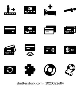 Solid vector icon set - travolator vector, credit card, hospital bed, push ups, tap pay, exchange, puzzle, circle chart, teethers