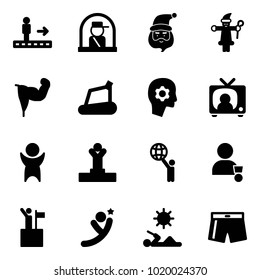 Solid vector icon set - travolator vector, officer window, santa claus, power hand, treadmill, brain work, tv news, success, winner, world, win, flying man, reading, swimsuit
